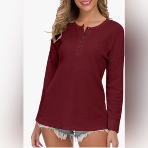 WNEEDU Waffle Knit Tunic Loose Long Sleeve Button V Neck Henley Wine Red Size M
